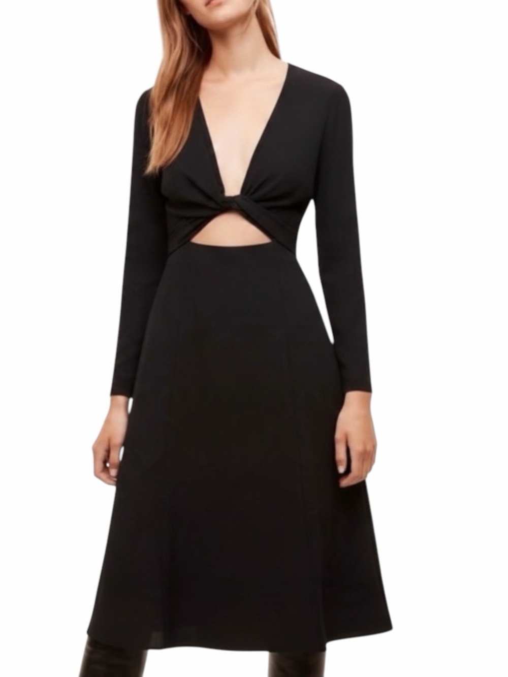 Aritzia Wilfred Aubagne V-Neck Tie-Front / Wrap Longsleeve Midi Dress Black Sz 8
